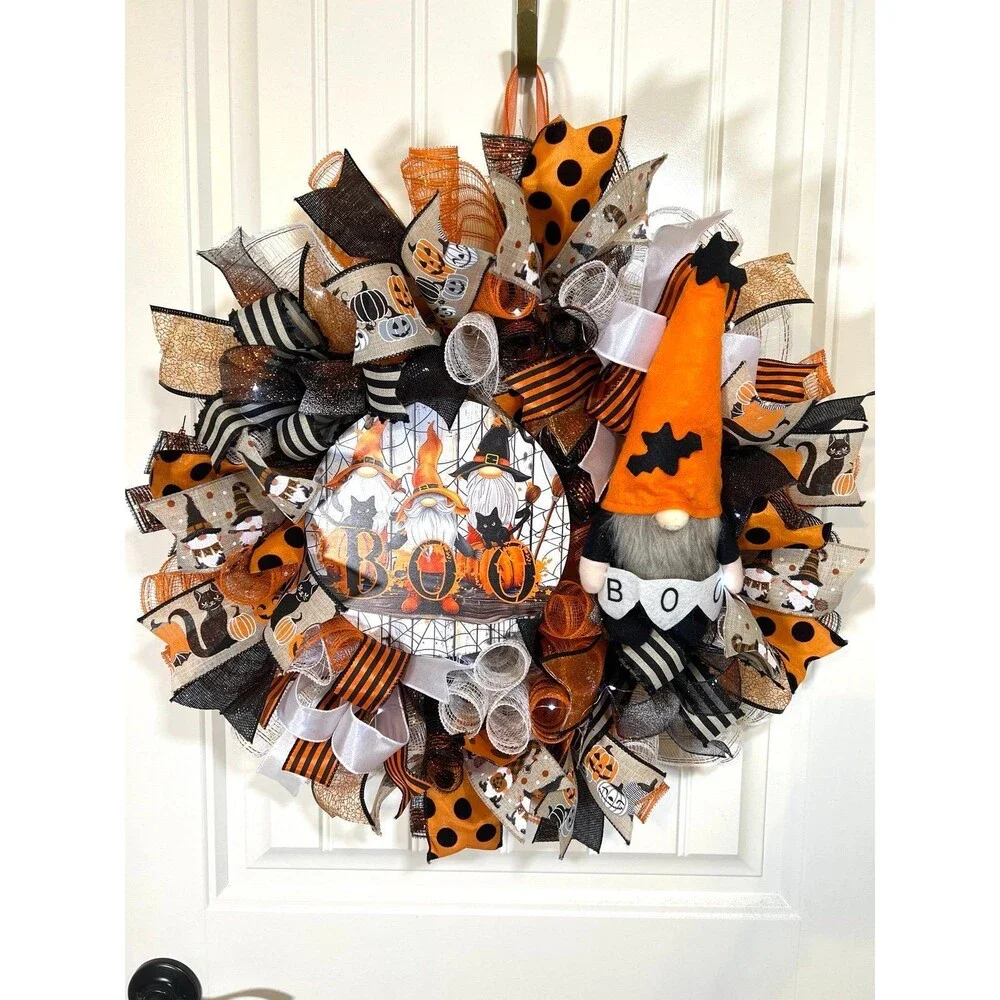 Handmade 22 in Halloween Wreath Boo Witch Gnome and Cats LED Lights #W14